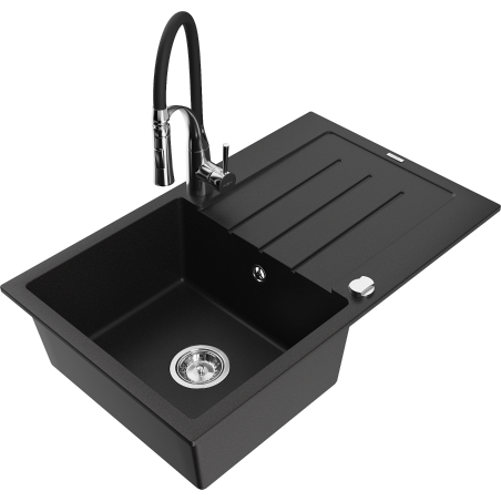 Mexen Bruno гранитна кухненска мивка с 1 корито и отцедник и кухненски смесител Aster, черен - 6513-77-73450-07