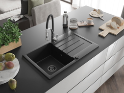 Mexen Bruno гранитна мивка с 1 камера, отцедник и кухненски смесител Aster,