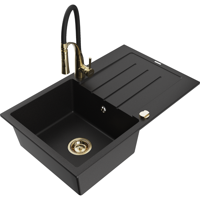 Mexen Bruno гранитна мивка с 1 камера с отцедник и кухненски смесител Aster, черен - 6513-77-73450-57-G
