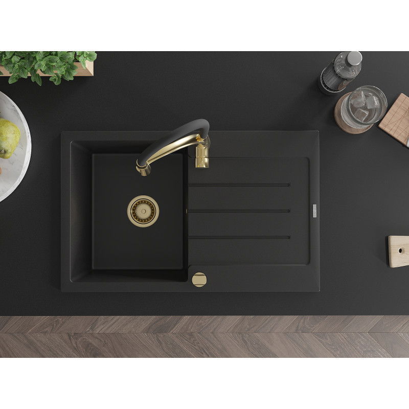 Mexen Bruno гранитна мивка с 1 камера с отцедник и кухненски смесител Aster, черен - 6513-77-73450-57-G