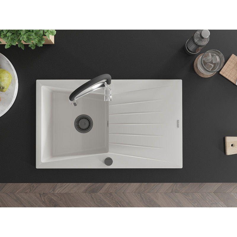 Mexen Cesar гранитна мивка с 1 отделение и дренаж и кухненски смесител Aster, бял - 6514-20-73450-07-B