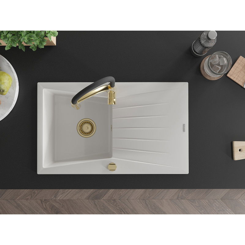 Mexen Cesar гранитна мивка с 1 отделение с отцедник и кухненски смесител Aster, бял - 6514-20-73450-57-G