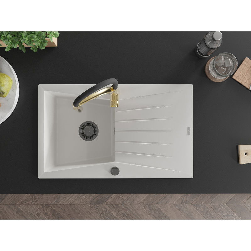 Mexen Cesar гранитна кухненска мивка с 1 корито, с отцеждаща повърхност и кухненски смесител Aster, бял - 6514-20-73450-57-B