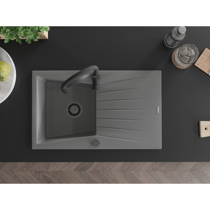 Mexen Cesar гранитна мивка с 1 отделение с отцедник и кухненска батерия Aster, сив - 6514-71-73450-70-B