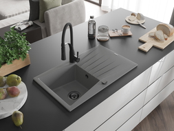 Mexen Cesar гранитна мивка с 1 отделение с отцедник и кухненска батерия Aster, сив - 6514-71-73450-70-B