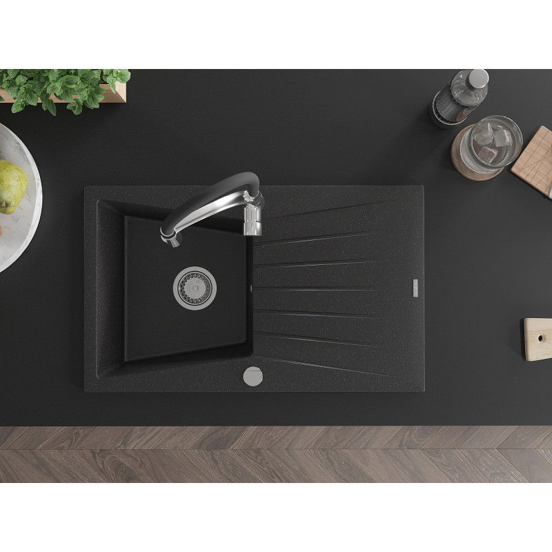 Mexen Cesar еднокоморна гранитна мивка с отцедник и кухненски смесител Aster, черен/сребърен металик - 6514-73-73450-07