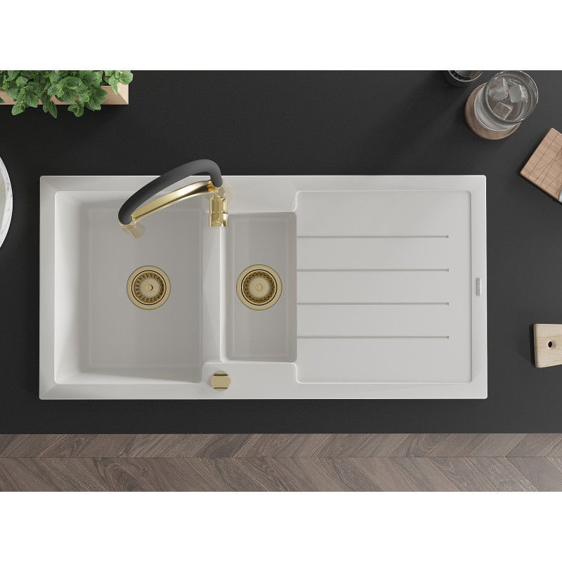 Mexen Andres гранитна мивка 1,5-камерна с отцедник и кухненски смесител Aster, бял - 6515-20-73450-57-G