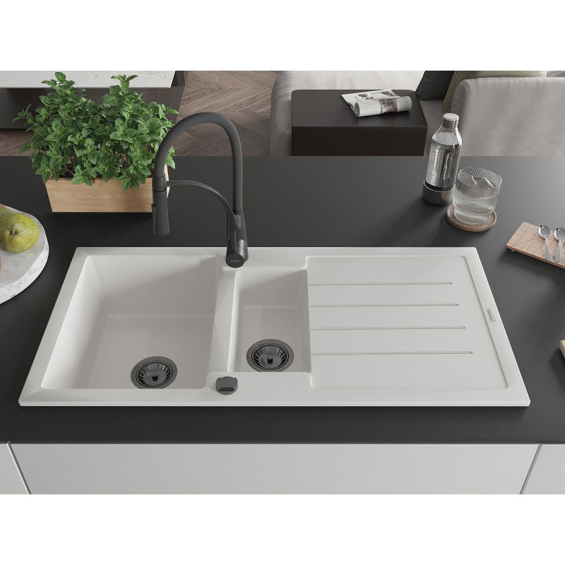 Mexen Andres гранитна мивка с 1,5 камери и отцедник и кухненски смесител Aster, бял - 6515-20-73450-70-B