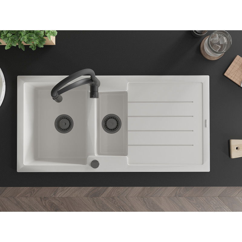 Mexen Andres гранитна мивка с 1,5 камери и отцедник и кухненски смесител Aster, бял - 6515-20-73450-70-B