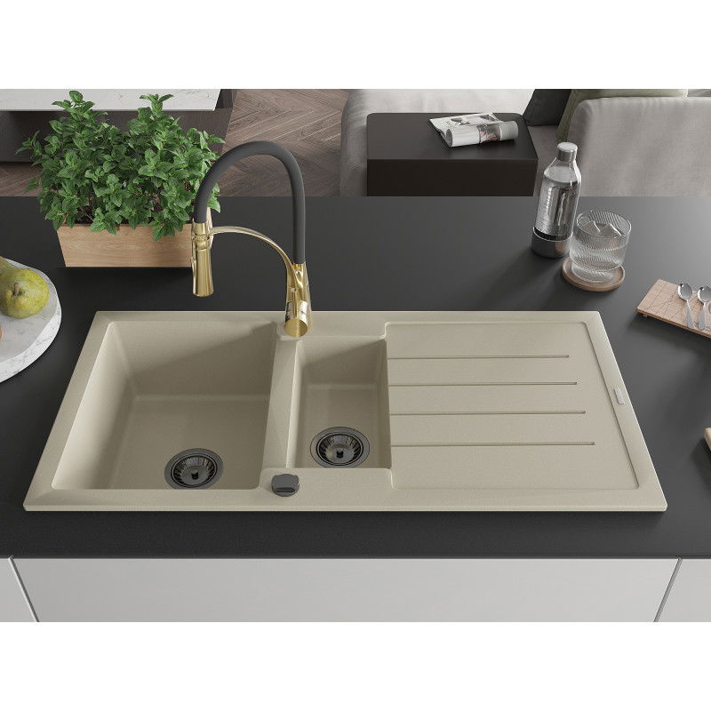 Mexen Andres гранитна мивка 1,5-камерна с отцедник и кухненски кран Aster, бежова - 6515-69-73450-57-B