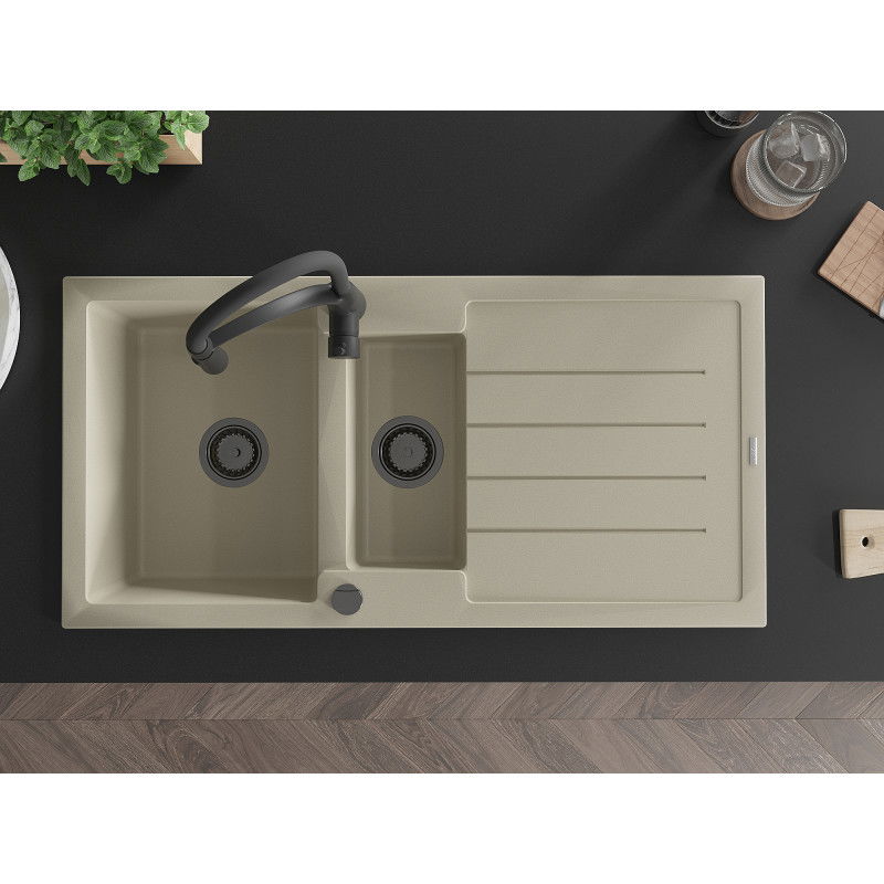 Mexen Andres гранитна мивка 1,5-камерна с отцедник и кухненски смесител Aster, бежов - 6515-69-73450-70-B