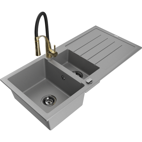 Mexen Andres гранитна мивка с 1,5 камери с капковник и кухненски смесител Aster, сив - 6515-71-73450-57-B