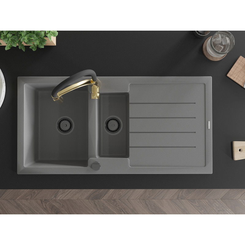 Mexen Andres гранитна мивка с 1,5 камери с капковник и кухненски смесител Aster, сив - 6515-71-73450-57-B
