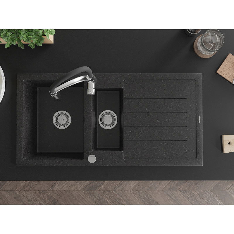 Mexen Andres гранитна мивка 1,5 камери с отцедник и кухненски смесител Aster, черен/сребърен металик - 6515-73-73450-07
