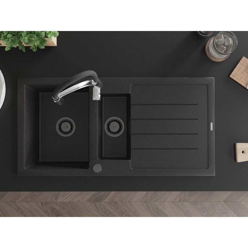 Mexen Andres гранитна мивка с 1,5 камери и отцедник и кухненски смесител Aster, черен/сребърен - 6515-73-73450-07-B