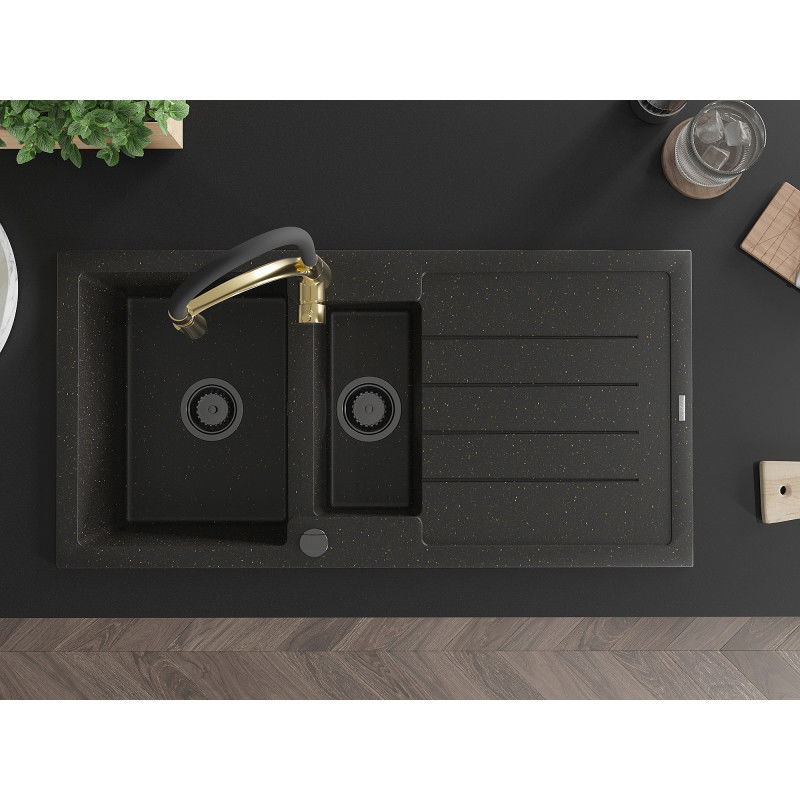 Mexen Andres гранитна мивка 1,5-контейнерна с отцедник и кухненски смесител Aster, черен/златен металик - 6515-75-73450-57-B