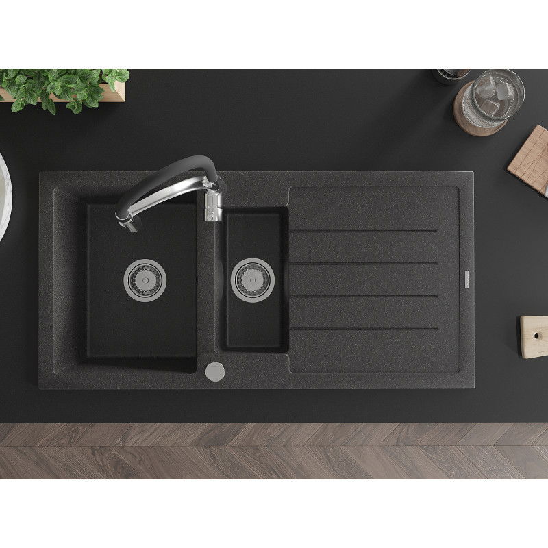 Mexen Andres - гранитна кухненска мивка 1,5 отделения с отцедник и кухненски смесител Aster, черен на пръски - 6515-76-73450-07
