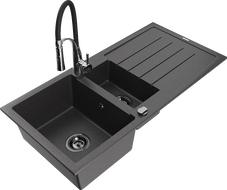 Mexen Andres гранитна мивка 1,5 отделение с отцедник и кухненски смесител Aster, черен с пръски - 6515-76-73450-07-B