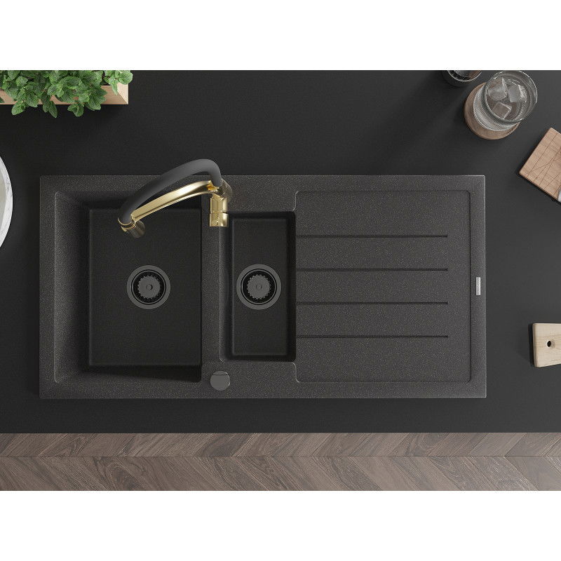 Mexen Andres мивка гранитна 1,5-камерна със сушилник и кухненски смесител Aster, черен на петна - 6515-76-73450-57-B
