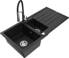 Mexen Andres Гранитна мивка 1,5-коморна с отцедник и кухненски смесител Aster, черен - 6515-77-73450-07