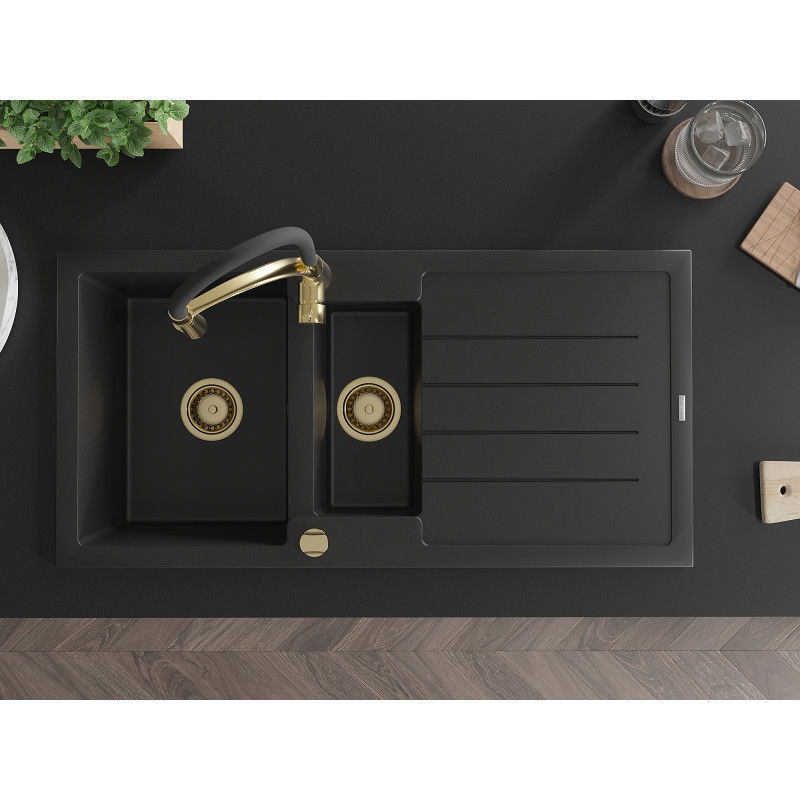 Mexen Andres гранитна мивка 1,5-коморова с канал и кухненски смесител Aster, черен - 6515-77-73450-57-G