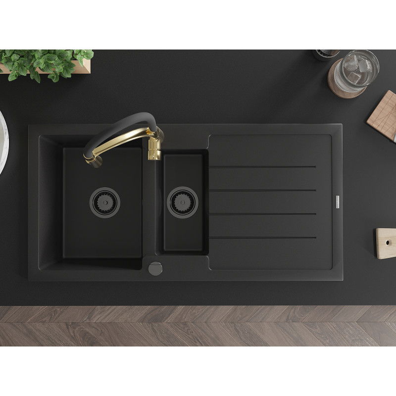 Mexen Andres гранитна мивка с 1,5 камери с отцедник и кухненски смесител Aster, черен - 6515-77-73450-57-B