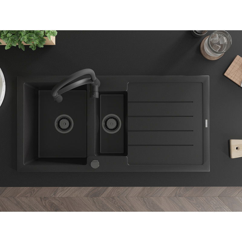 Mexen Andres гранитна мивка с 1,5 камери с отцедник и кухненски смесител Aster, черен - 6515-77-73450-70-B