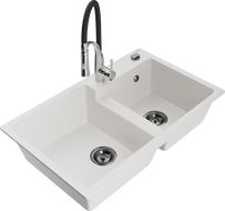 Mexen Tomas двоен гранитен мивка с кухненски смесител Aster, бял - 6516-20-73450-07-B