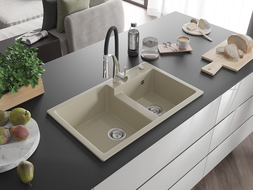 Mexen Tomas двоен гранитен мивка с кухненски смесител Aster, бежов - 6516-69-73450-07