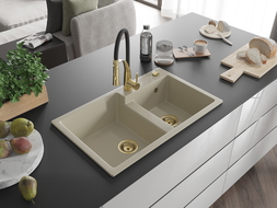 Mexen Tomas гранитна мивка с 2 камери с кухненски смесител Aster, бежов - 6516-69-73450-57-G