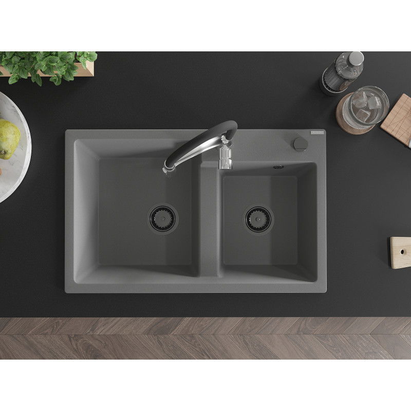 Mexen Tomas гранитна мивка с 2 отделения и кухненски смесител Aster, сива - 6516-71-73450-07-B