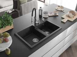 Mexen Tomas гранитна мивка с 2 камери и кухненски смесител Aster, черен/златен металик - 6516-75-73450-07