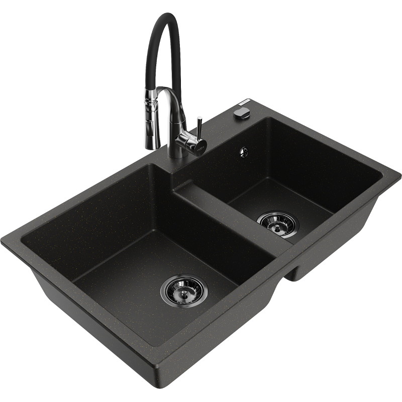 Mexen Tomas гранитна мивка с 2 отделения с кухненский кран Aster, черен/златен