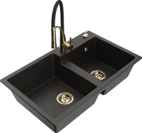 Mexen Tomas гранитна мивка с 2 камери с кухненски смесител Aster, черен/златен металик - 6516-75-73450-57-G