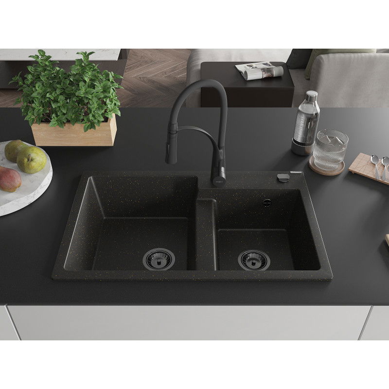 Mexen Tomas двукоморна гранитна мивка с кухненски смесител Aster, черен/златен металик - 6516-75-73450-70-B