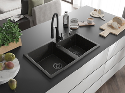 Mexen Tomas двукоморна гранитна мивка с кухненски смесител Aster, черен/златен металик - 6516-75-73450-70-B