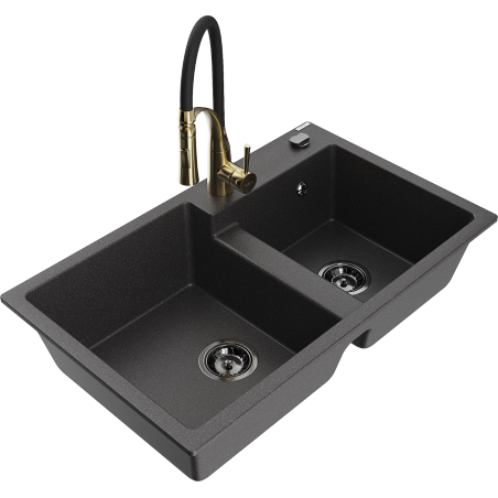 Mexen Tomas гранитна мивка с 2 отделения с кухненски кран Aster, черен на точки