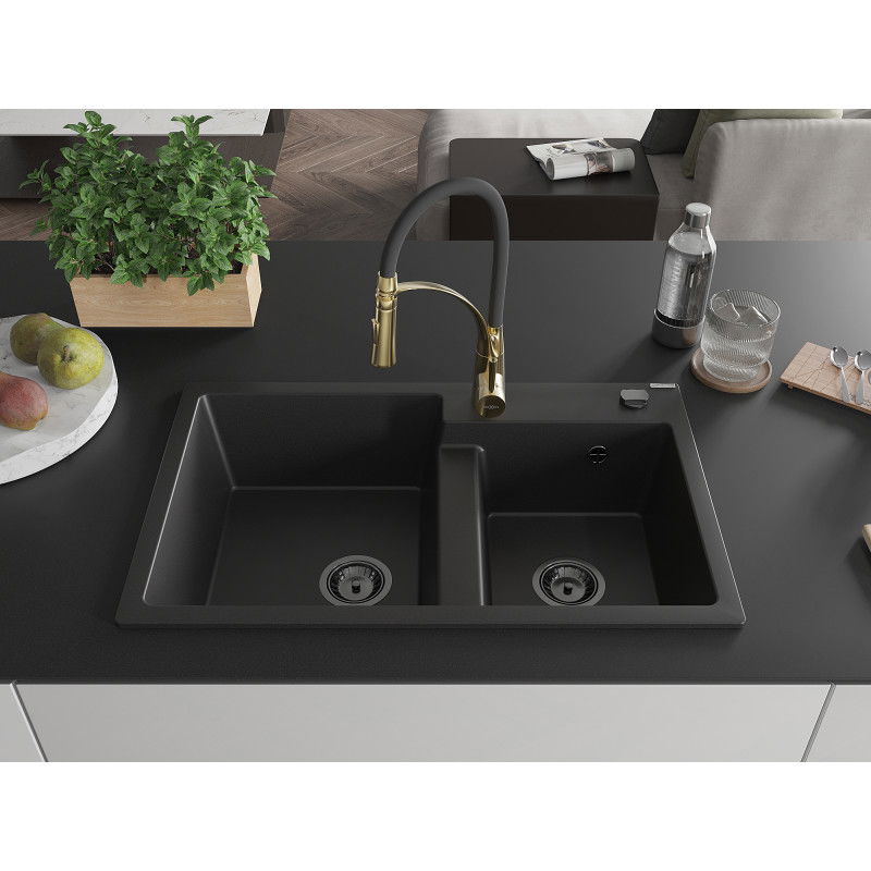 Mexen Tomas двоен гранитен кухненски мивка с батерия Aster, черен - 6516-77-73450-57-B