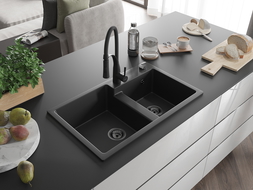 Mexen Tomas гранитна мивка с две корита и кухненски смесител Aster, черен - 6516-77-73450-70-B