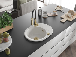 Mexen Kevin гранитна кухненска мивка с 1 корито и отцедник и кухненски смесител Aster, бял - 6517-20-73450-57-G