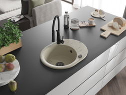 Mexen Kevin гранитна мивка с 1 отделение с дренаж и кухненски смесител Aster, бежов - 6517-69-73450-70-B