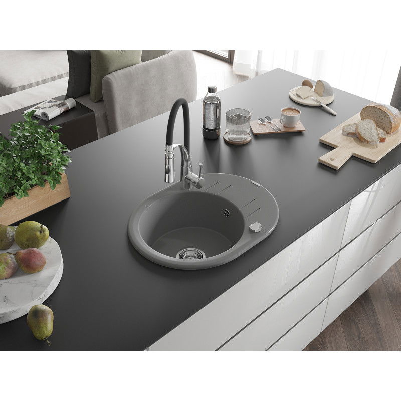 Mexen Kevin гранитна мивка с 1 отделение и отцеждач и кухненски смесител Aster, сив - 6517-71-73450-07