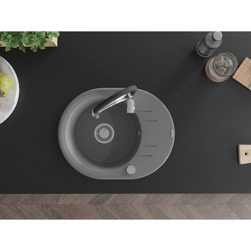 Mexen Kevin гранитна мивка с 1 отделение и отцеждач и кухненски смесител Aster, сив - 6517-71-73450-07