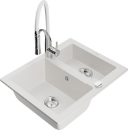 Mexen Carlos гранитна мивка 1,5-корпусна с кухненски смесител Aster, бяла - 6518-20-73450-02