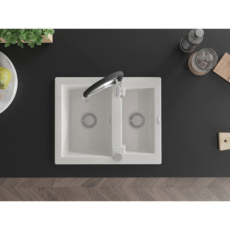 Mexen Carlos гранитна мивка 1,5 камери с кухненски смесител Aster, бял - 6518-20-73450-07
