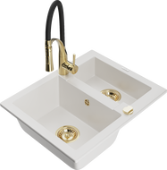 Mexen Carlos гранитна мивка 1,5-камерна с кухненски смесител Aster, бял - 6518-20-73450-57-G