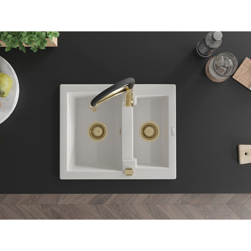 Mexen Carlos гранитна мивка 1,5-камерна с кухненски смесител Aster, бял - 6518-20-73450-57-G