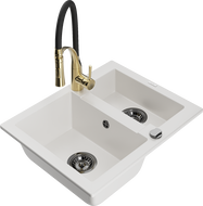 Mexen Carlos гранитна кухненска мивка 1,5 камери с кухненски смесител Aster, бял - 6518-20-73450-57-B