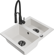 Mexen Carlos гранитна мивка с 1,5 отделения с кухненски смесител Aster, бял - 6518-20-73450-70-B