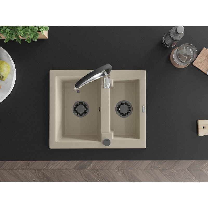 Mexen Carlos гранитна мивка с 1,5 отделения и кухненски смесител Aster, бежова - 6518-69-73450-07-B
